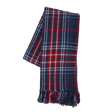 woven plaid throw with a navy red and white plaid design