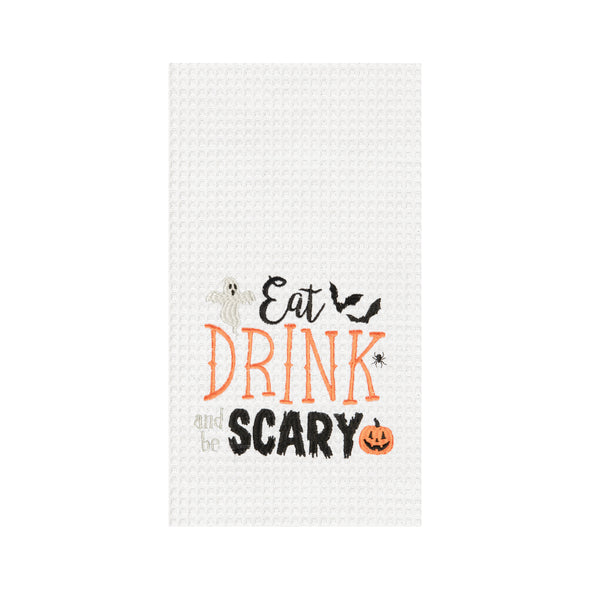 Embroidered Eat, Drink, and Be Scary waffle weave kitchen towel.