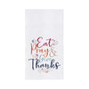 flour sack towel with the phrase Eat Pray & Give Thanks in inviting Autumn colors and a delicate script highlighted by flourishes