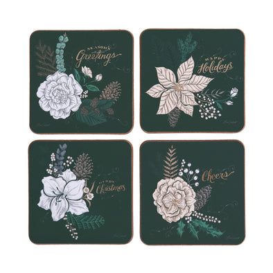 emerald coaster set with artwork from Lori Siebert featuring illustrative flowers paired with seasonal greetings in a flourishing script