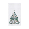 embroidered flour sack towel with artwork by Lori Siebert of an emerald Christmas tree with gold accents and a simmering star on top