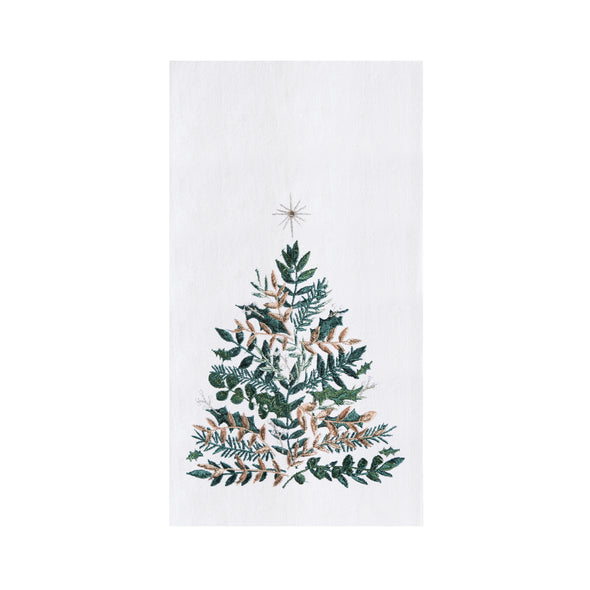 embroidered flour sack towel with artwork by Lori Siebert of an emerald Christmas tree with gold accents and a simmering star on top