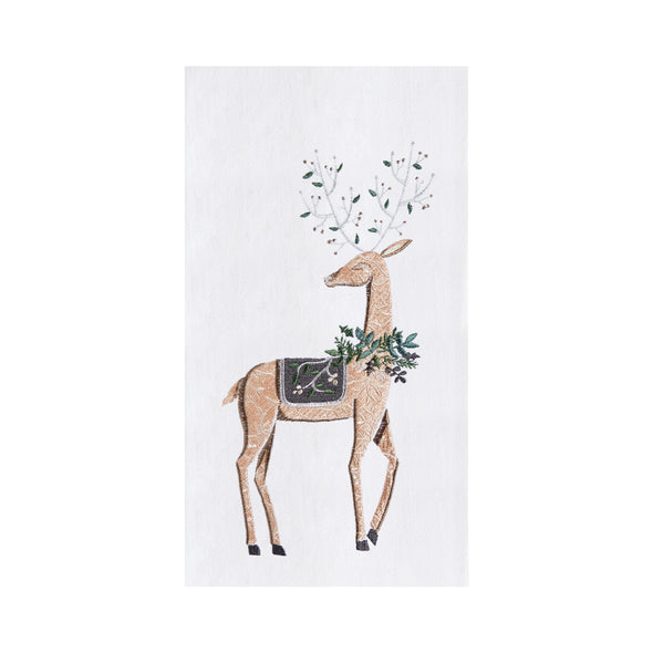 embroidered flour sack towel with an illustrated reindeer created by Lori Siebert decorated with Christmas leaves and featuring delicate branches as antlers.