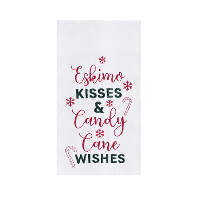 embroidered flour sack towel with the phrase eskimo kisss and candy cane wishes surrounded by snowflakes and candy canes