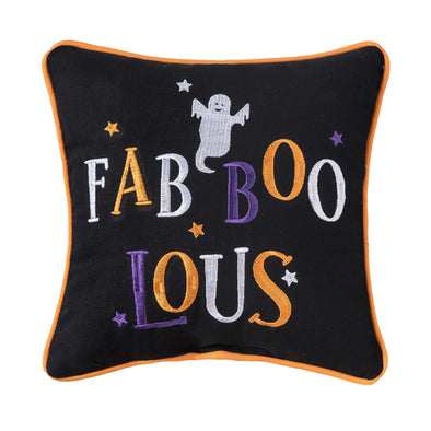 black embroidered mini pillow with the phrase Fab Boo Lous in fun orange purple and white with playful ghost and star details