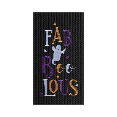 black embroidered waffle weave towel with the phrase Fab Boo Lous with a playful ghost and stars