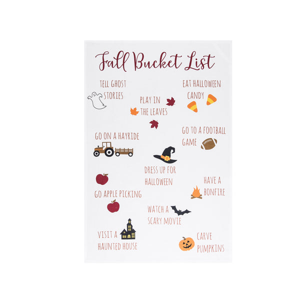 printed flour sack towel with an illustrated fall bucket list including all the activities you can do in the fall