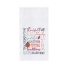 flour sack towel with harvest related words in different font styles arranged in different directions. decorative elements like pumpkins and foliage are added in the mix