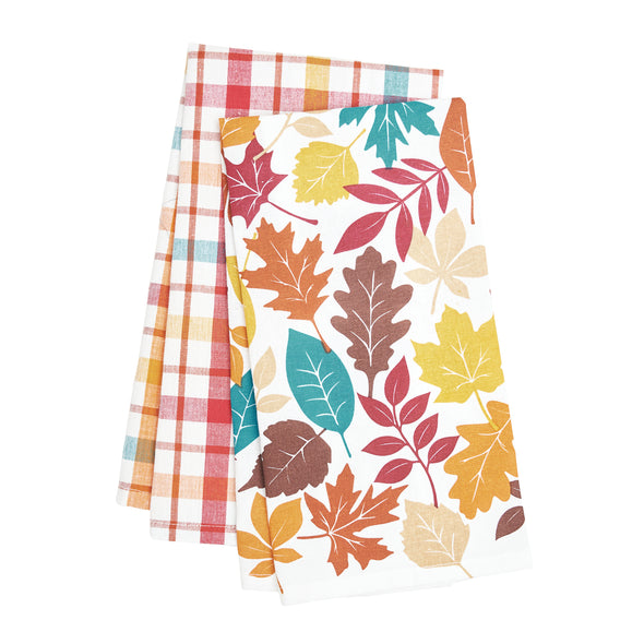 Fall Leaves and Plaid Kitchen Towel, Set of 2