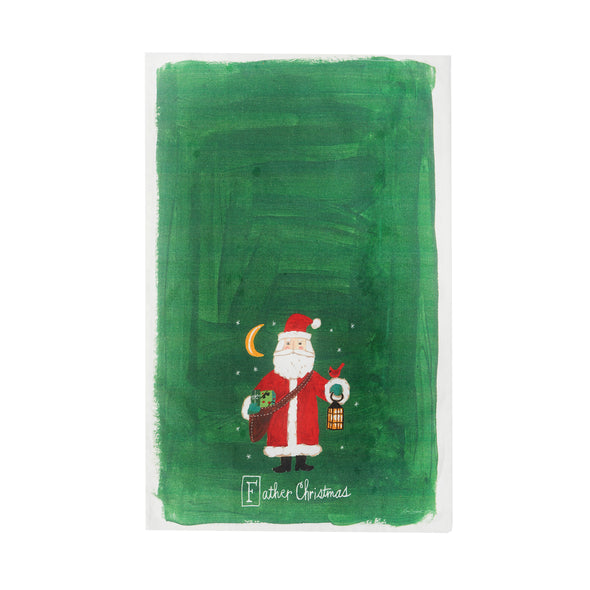 Father Christmas Alphabet Kitchen Towel, Santa on a green background with a white border