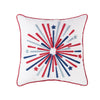 a tufted pillow featuring a bursting firework pattern of blue and red stripes paired with delicate stars. the pillow is trimmed in red