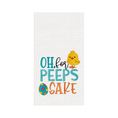 white waffle weave towel with the words "oh, for peeps sake" written in blue, black and orange with a little duck and easter egg