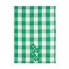 woven applique kitchen towel with a green and white plaid background and the word LUCK in clovers