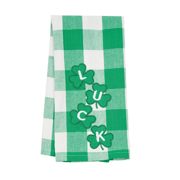 woven applique kitchen towel with a green and white plaid background and the word LUCK in clovers