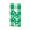 woven applique kitchen towel with a green and white plaid background and the word LUCK in clovers