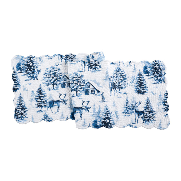 quilted table runner with a blue watercolor inspired forest scene