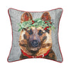 german shepard flower pillow with a german shepard wearing a flower crown and red collar on a grey pillow with red trim