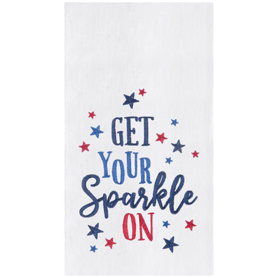 flour sack towel with the words get your sparkle on in a fun text surrounded by red and blue stars