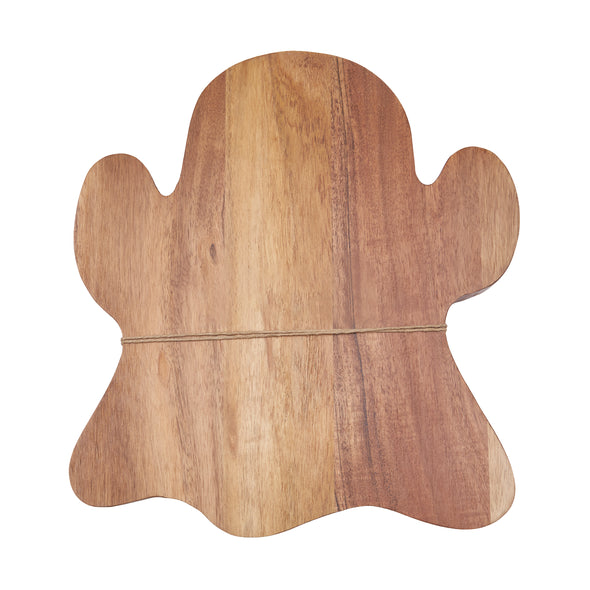 acacia wood serving board shaped like a ghost with an iron spreader