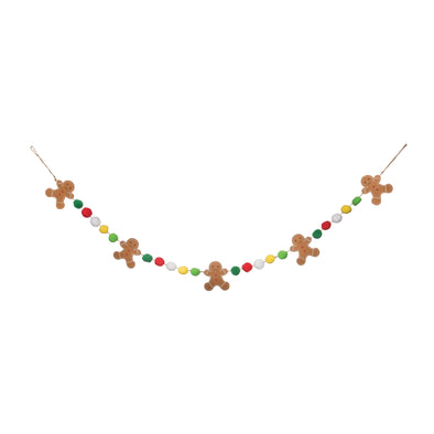 felt garland with gingerbread men and colorful dots in between the gingerbread men in green red white and yellow