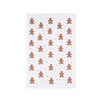 printed kitchen towel with gingerbread men in an all over pattern and surrounded by sprinkle shaped accents. the gingerbread men have peppermint candy buttons