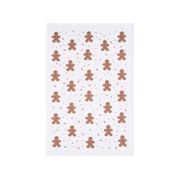 printed kitchen towel with gingerbread men in an all over pattern and surrounded by sprinkle shaped accents. the gingerbread men have peppermint candy buttons