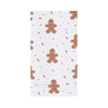 printed kitchen towel with gingerbread men in an all over pattern and surrounded by sprinkle shaped accents. the gingerbread men have peppermint candy buttons