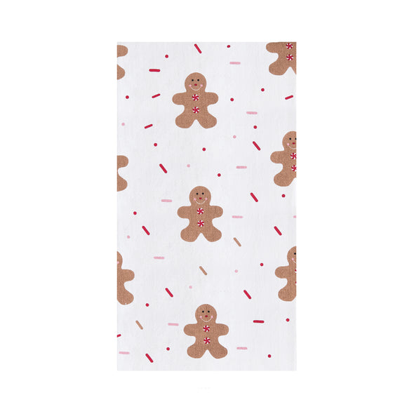 printed kitchen towel with gingerbread men in an all over pattern and surrounded by sprinkle shaped accents. the gingerbread men have peppermint candy buttons