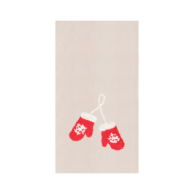 glove french knot kitchen towel with red and white mittens 