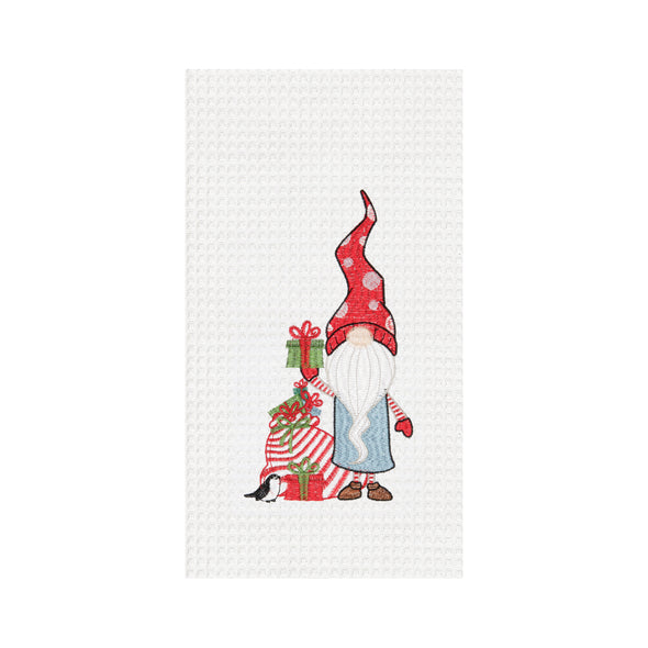 gnome gifts waffle weave kitchen towel, gnome with a bag of presents on a white towel