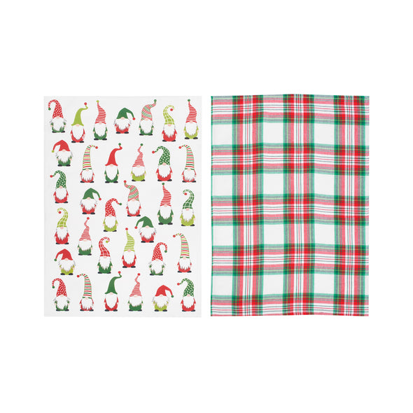 Gnome plaid towel set of 2 printed kitchen towel. One side has green, red and white plaid with green and red gnomes on the other side
