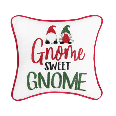 Gnome Sweet Gnome Pillow with the words "gnome sweet gnome" in red, black and green with two gnomes on top  on a white pillow with red trim