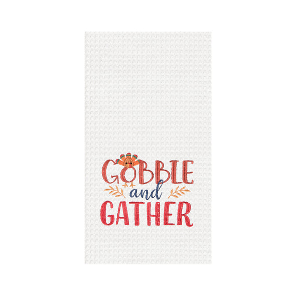 Embroidered Gobble and Gather waffle weave kitchen towel.