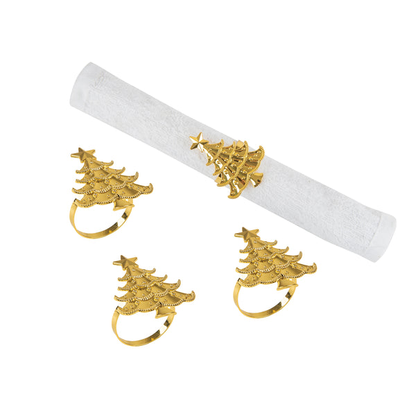 set of four napkin rings shaped like Christmas trees - one wrapped around a white napkin