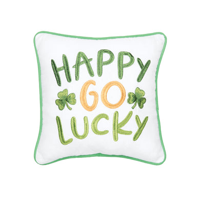 embroidered mini gift pillow with the words happy go lucky on a white background next to green clovers