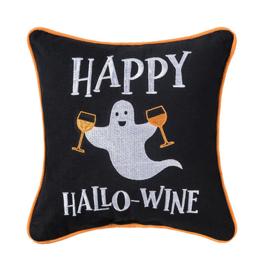 black embroidered mini pillow with the phrase Happy Hallo-Wine and a ghost holding two wine glasses