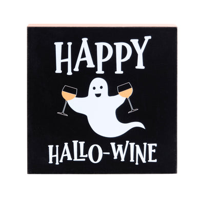 shelf block with the phrase Happy Hallo-Wine and a ghost holding two wine glasses