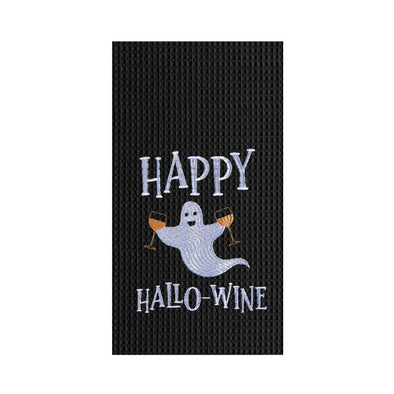 black embroidered waffle weave towel with a ghost holding two wine glasses and the phrase happy hallo-wine