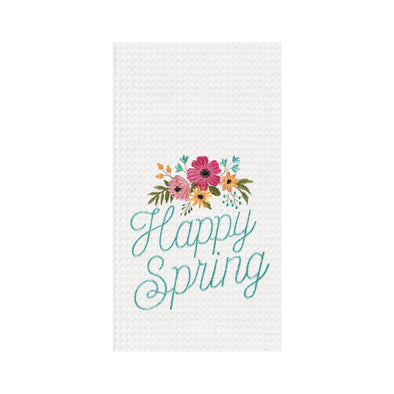 waffle weave towel with happy spring text and floral embroidery