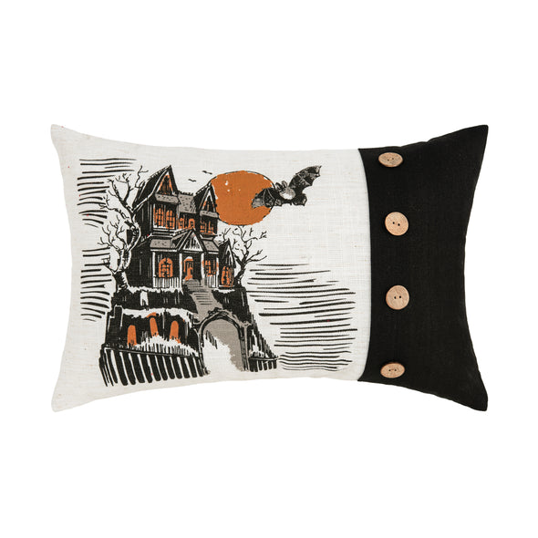 Haunted House printed pillow with button details.