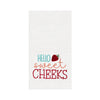 white waffle weave towel with "hello sweet cheeks" in light blue, peach, and red font embroidered with a strawberry next to the hello