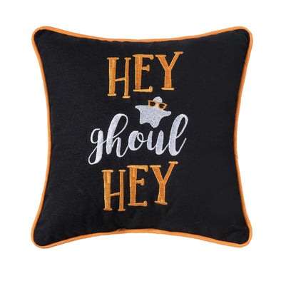 black embroidered mini pillow with the phrase hey ghoul hey and a mini ghost wearing orange sunglasses