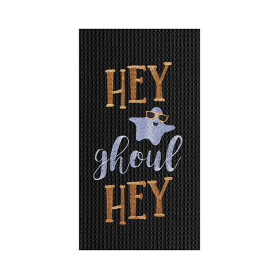 black embroidered waffle weave towel with a mini ghost in sunglasses and the phrase Hey Ghoul Hey