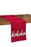 red embroidered table runner with the words ho ho ho on each end in white