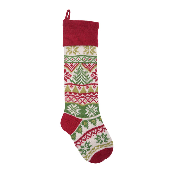 knit stocking with a holiday tree design in red white and green