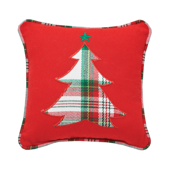 Plaid Christmas Tree Pillow with a plaid christmas tree on a red pillow with plaid trim