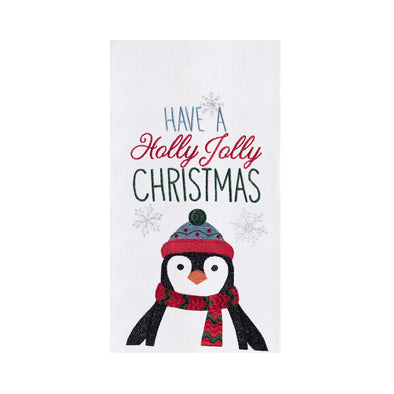 flour sack towel embroidered with a penguin wearing winter gear below the phrase Have a Holly Jolly Christmas