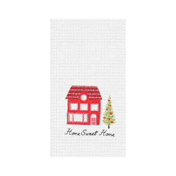 home sweet home kitchen towel, red house with a christmas tree out front and home sweet home written at the bottom on a white towel