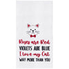 flour sack towel embroidered with a roses are red poem below a cat