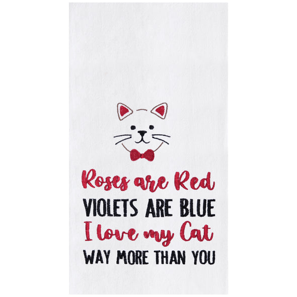 flour sack towel embroidered with a roses are red poem below a cat